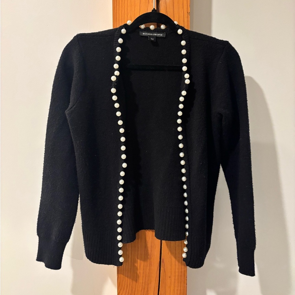 Boston Proper Black Cardigan with Pearl Detailing